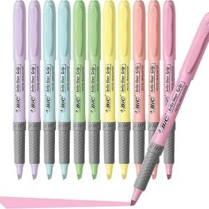 BIC Brite Liner Grip Pastel Highlighter Set, Chisel Tip, 12-Count Pack of Pastel Highlighters in Assorted Colors, Cute Highlighters for Bullet Journaling, Note Taking and More