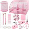 11 Pcs Pink Office Supplies Set Mesh Desk Organizer Accessories Kit include Stapler Tape Dispenser Staple Remover Clips Ruler Scissors Sticky Notes for Office School Home Women